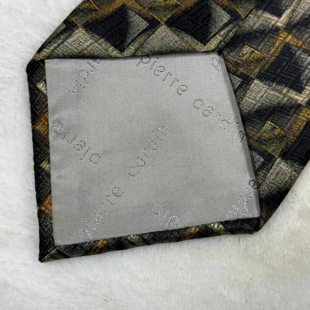 Pierre Cardin Mens Silk Tie Black Gold Silver Geometric Square Pattern Necktie